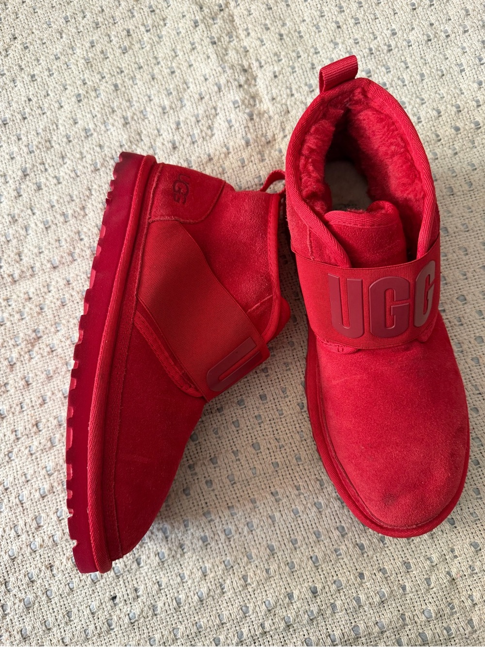 UGG Bold Red Suede Strap Ankle Boots